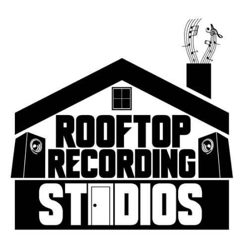 A stylish black logo set against a white backdrop, featuring a unique house-shaped design. Beneath the roof, where 'RoofTop Recording Studios name is elegantly displayed, musical notes gracefully flow from a chimney, resembling wisps of creative inspiration.